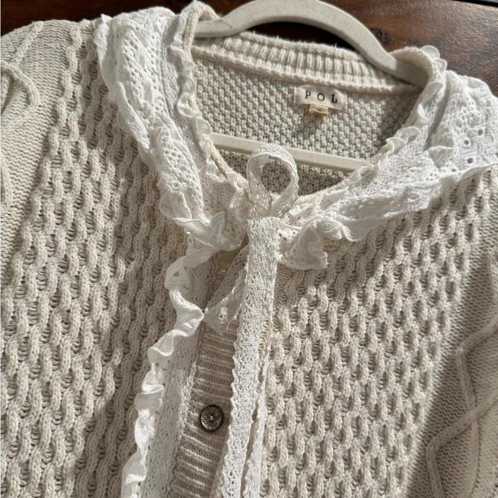 POL Cream Knit Cardigan with Lace Trim - Picture 4 of 8